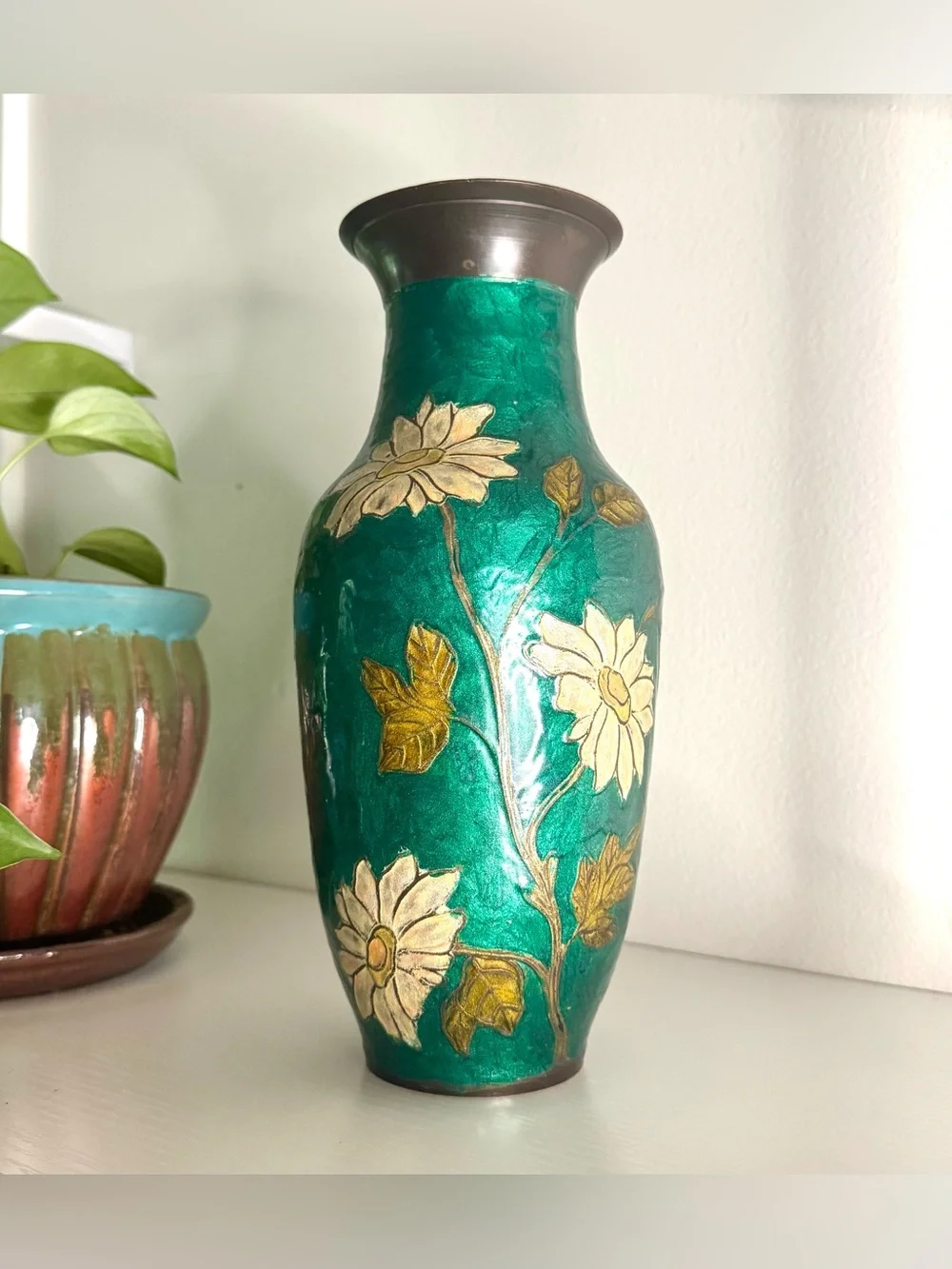 Vintage Cloisonné Brass Vase / Teal Green Floral Enamel / Chinoiserie Home Decor